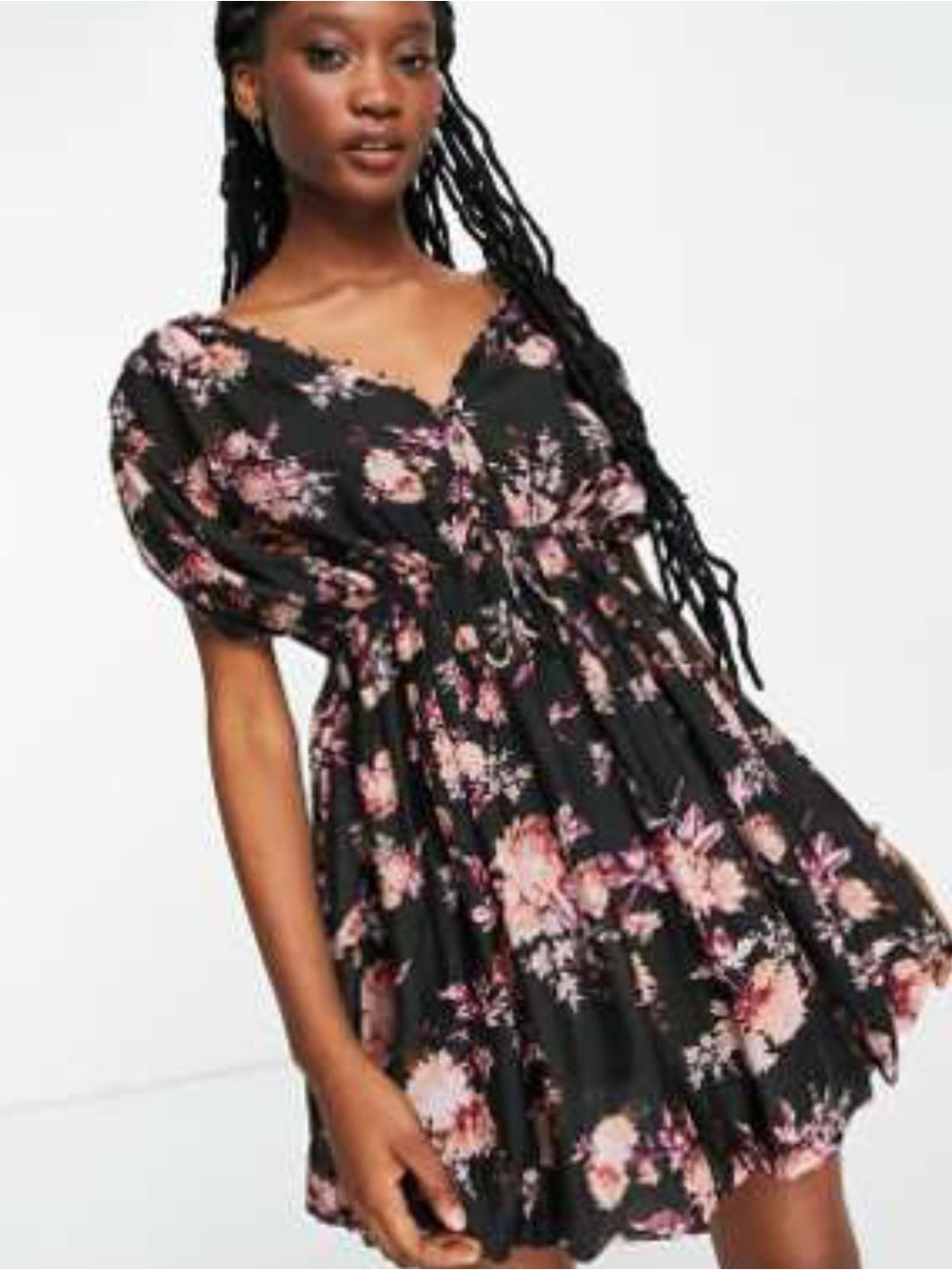 Black Floral Mini Dress with Pink Blossoms